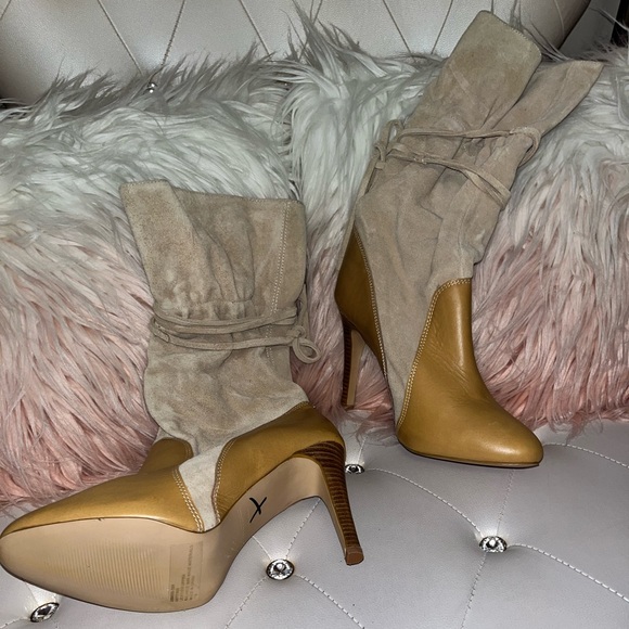 NEW RARE Colin Stuart Tan Suede/Leather Heeled Mid Calf Tie Up Boots - Picture 7 of 12